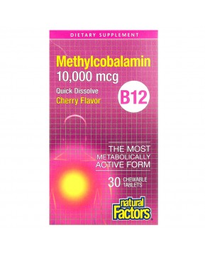 Natural Factors, B12 Метилкобаламин, Вишня, 10 000 мкг, 30 жевательных таблеток